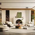 Modern Cozy Living Room With Beige Sofas Round Rug Fireplace Green Artwork And Wooden Accents