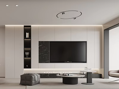 Modern Living and Dining Room Interior With Marble TV Wall Cabinetry and Lighting 3d model