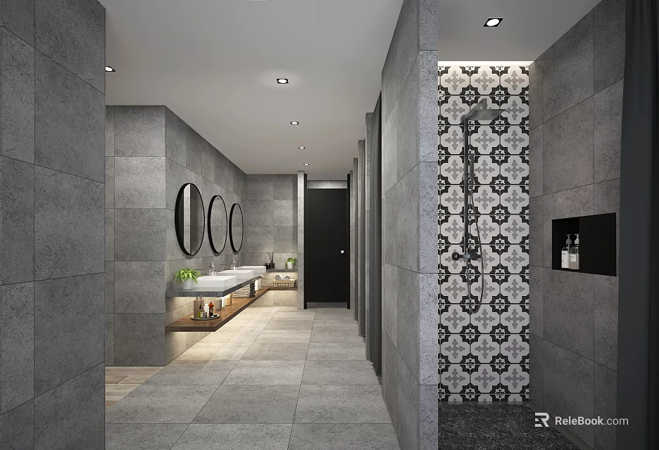 Modern SPA Sauna Interior With Gray Walls Round Mirrors And Patterned Tiles Shower Area 3d model 