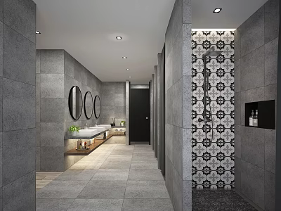 Modern SPA Sauna Interior With Gray Walls Round Mirrors And Patterned Tiles Shower Area 3d model
