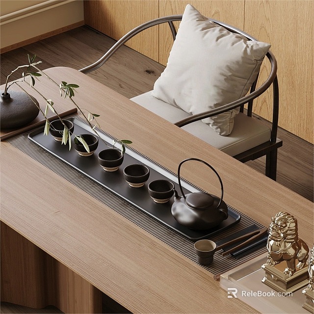 Elegant Traditional Tea Set With Teapot Teacups On Wooden Tray And Green Plant Leaves 3d model 
