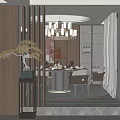 Elegant Restaurant Interior With Chandelier Dining Table Tableware Vase Plants Wooden Walls And Wine Cabinet