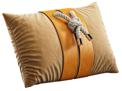 Beige Velvet Throw Pillow With Orange Leather Strap And Rope Knot Design 3d model