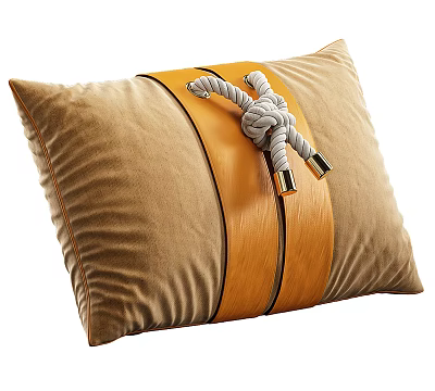 Beige Velvet Throw Pillow With Orange Leather Strap And Rope Knot Design 3d model
