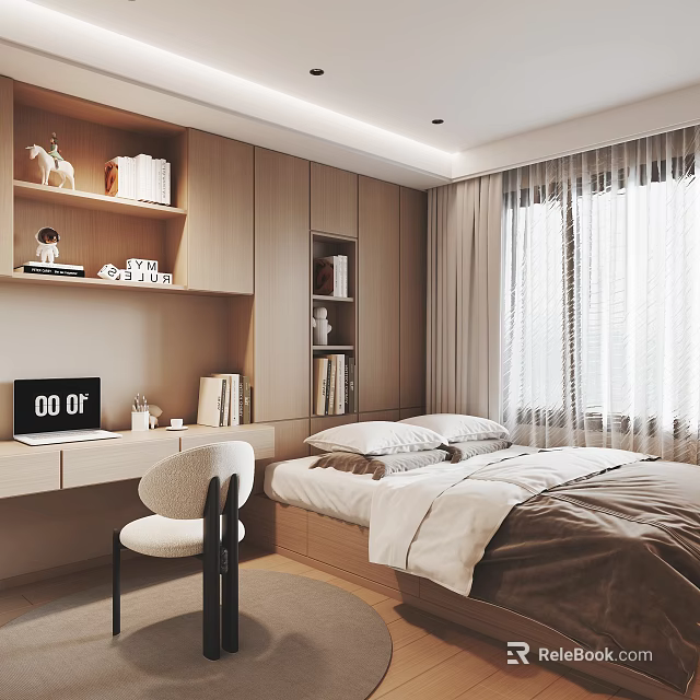 Modern Tatami Bedroom Interior With Desk Bookshelves Window Curtains And Storage 3d model 
