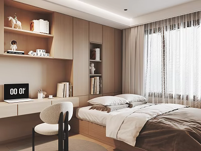 Modern Tatami Bedroom Interior With Desk Bookshelves Window Curtains And Storage 3d model