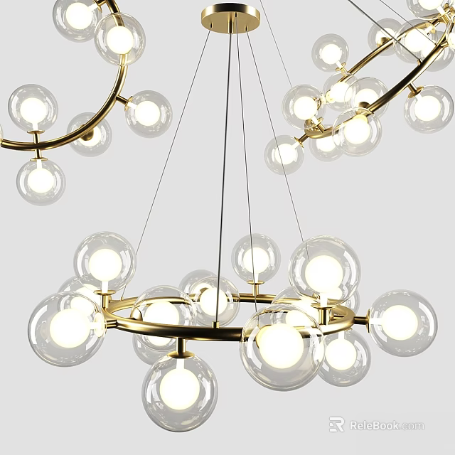 Elegant Modern Chandelier With Golden Rings And Illuminated Transparent Spherical Bulbs 3d model 