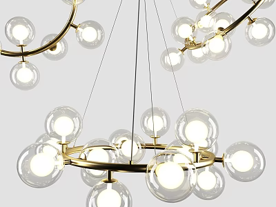 Elegant Modern Chandelier With Golden Rings And Illuminated Transparent Spherical Bulbs 3d model