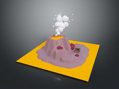 Pink Volcano Landscape with White Smoke on Yellow Base and Red Rocks Near Small Hut 3d model