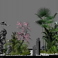 Serene Garden Ornamental Display With Rockery Palm Leaves Cherry Blossom And Curved Lighting
