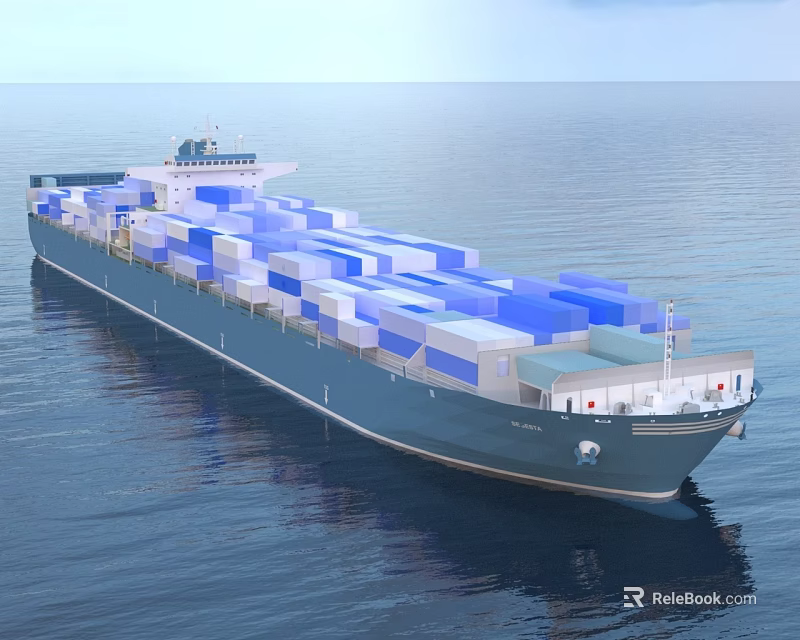 Blue Cargo Ship Loaded With Many Shipping Containers On Ocean 3d model 