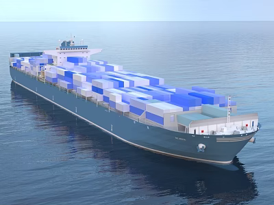 Blue Cargo Ship Loaded With Many Shipping Containers On Ocean 3d model