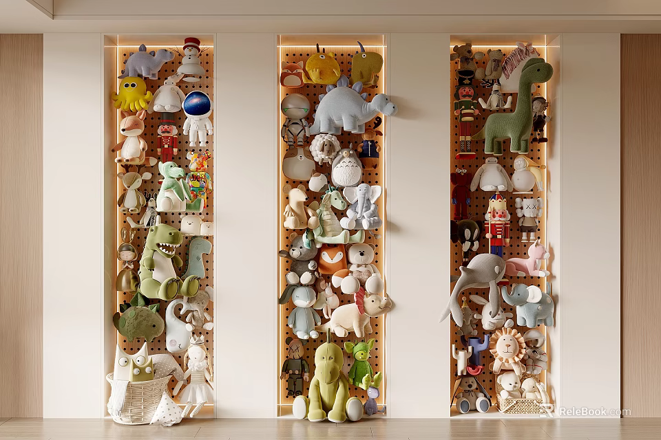 Diverse Stuffed Toys Collection on Illuminated Display Shelves with Various Shapes Colors and Animal Figures 3d model 