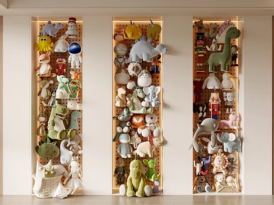 Diverse Stuffed Toys Collection on Illuminated Display Shelves with Various Shapes Colors and Animal Figures 3d model
