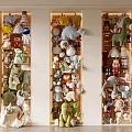 Diverse Stuffed Toys Collection on Illuminated Display Shelves with Various Shapes Colors and Animal Figures