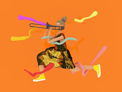 Game And Movie Character Playing Trombone In Colorful Outfit With Streamers Yellow Shoes And Bun 3d model