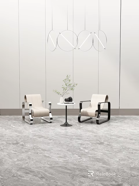 Modern Table and Chair Set with Beige Chairs Metal Frames Small Round Table Green Plant 3d model 