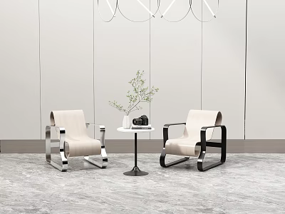 Modern Table and Chair Set with Beige Chairs Metal Frames Small Round Table Green Plant 3d model