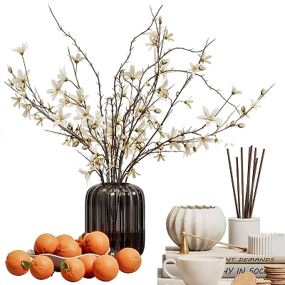 Decorative Ornament Set with White Magnolia Black Vase Orange Fruits White Pumpkin and Incense Sticks 3d model