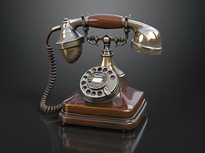 Vintage Digital Telephone with Classic Rotary Dial and Wooden Base Design 3d model