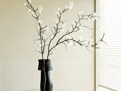 Black Vase With White Floral Branches In Indoor Setting By Window Blinds 3d model
