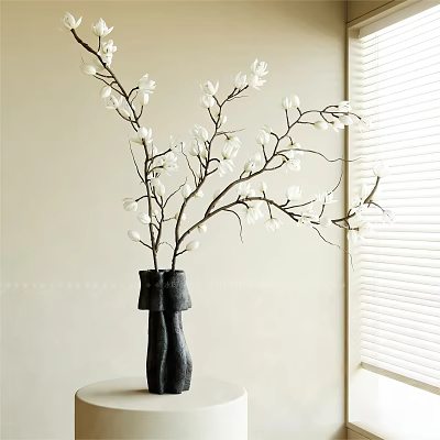 Black Vase With White Floral Branches In Indoor Setting By Window Blinds 3d model