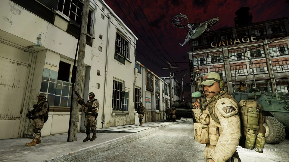 Military Soldiers On Urban Street With Buildings Helicopter Red Sky And GARAGE Sign 3d model 