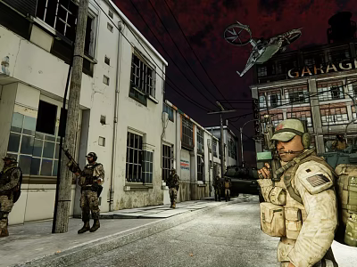 Military Soldiers On Urban Street With Buildings Helicopter Red Sky And GARAGE Sign 3d model