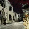 Military Soldiers On Urban Street With Buildings Helicopter Red Sky And GARAGE Sign