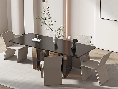 Modern Black Dining Table Set with Light Beige Chairs and Potted Plant Decor 3d model