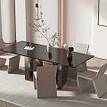 Modern Black Dining Table Set with Light Beige Chairs and Potted Plant Decor