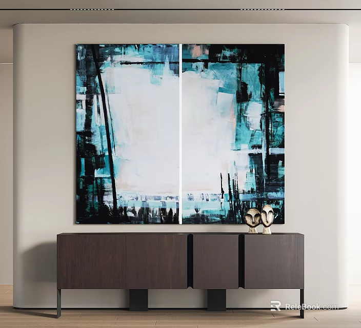 Modern Abstract Painting With Blue White Black Colors Above Wooden Cabinet And Decorations 3d model 