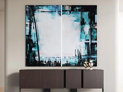 Modern Abstract Painting With Blue White Black Colors Above Wooden Cabinet And Decorations 3d model