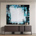 Modern Abstract Painting With Blue White Black Colors Above Wooden Cabinet And Decorations
