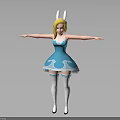 Anime Female Character With Rabbit Ears In Blue Dress White Stockings Red Shoes Arms Outstretched