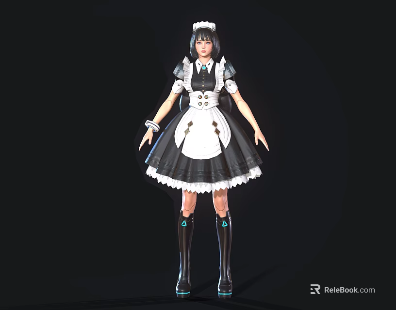 Game And Movie Character In Black And White Maid Outfit With Long Boots Green Accents 3d model 