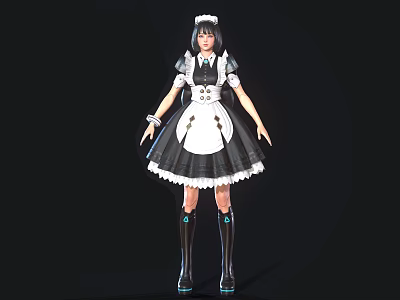 Game And Movie Character In Black And White Maid Outfit With Long Boots Green Accents 3d model