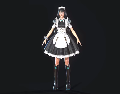 Game And Movie Character In Black And White Maid Outfit With Long Boots Green Accents 3d model