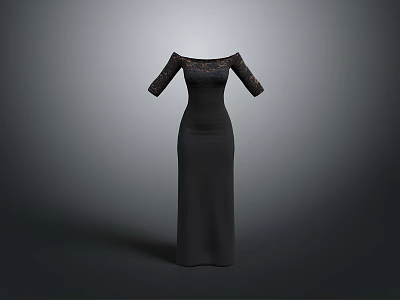 Elegant Black Off Shoulder Evening Dress With Lace Detail And Fitted Silhouette 3d model