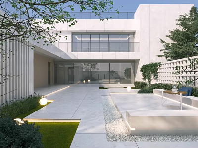 Modern Garden Landscape Design With White Architecture Large Windows Stone Pavement And Seating Area 3d model