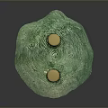 Green Textured Weapon With Two Golden Circular Elements And Surface Details