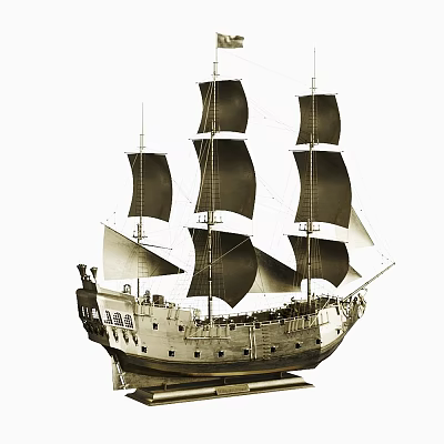 Handcrafted Wooden Sailboat Sculpture with Multiple Masts and Full Sails 3d model