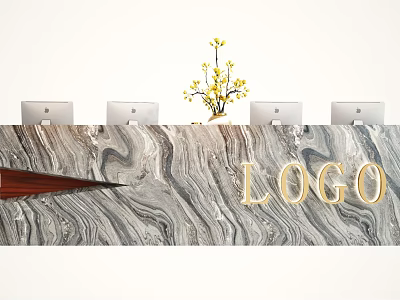 Modern Reception Desk With Marble Countertop Golden LOGO Four Computers And Yellow Flower Decoration 3d model