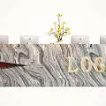 Modern Reception Desk With Marble Countertop Golden LOGO Four Computers And Yellow Flower Decoration