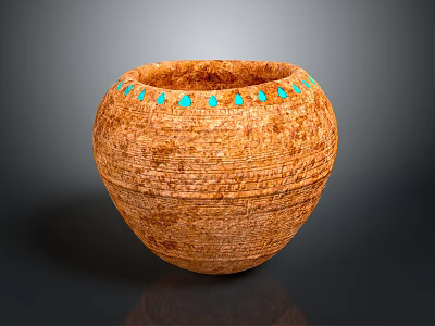 Handcrafted Brown Textured Pottery Vessel With Turquoise Rim Accents 3d model