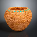 Handcrafted Brown Textured Pottery Vessel With Turquoise Rim Accents