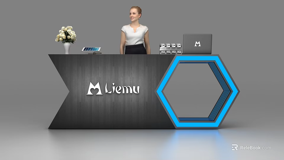 Stylish Modern Geometric Reception Desk With Miemu Logo Hexagon Blue Illuminated Design 3d model 