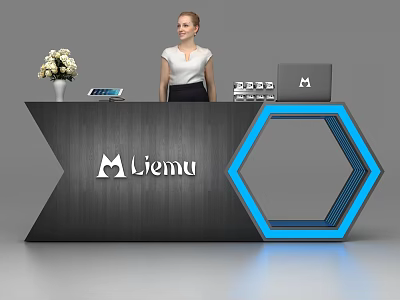 Stylish Modern Geometric Reception Desk With Miemu Logo Hexagon Blue Illuminated Design 3d model