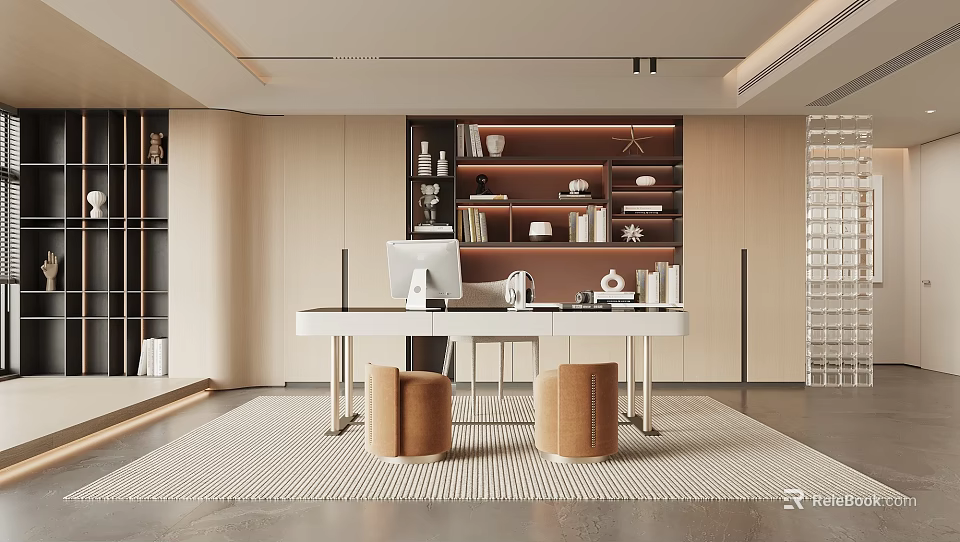 Modern Study Room With Desk Bookshelf And Decorations 3d model