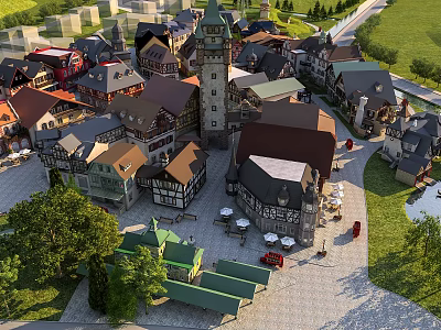 Aerial View Town Planning With Traditional Buildings Central Plaza Various Rooftops Green Spaces And Tower 3d model
